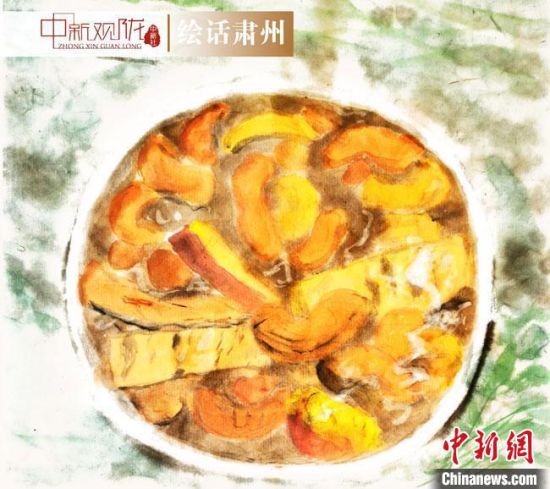 圖為酒泉美食“糊鍋”繪畫作品。　杜興彥 攝